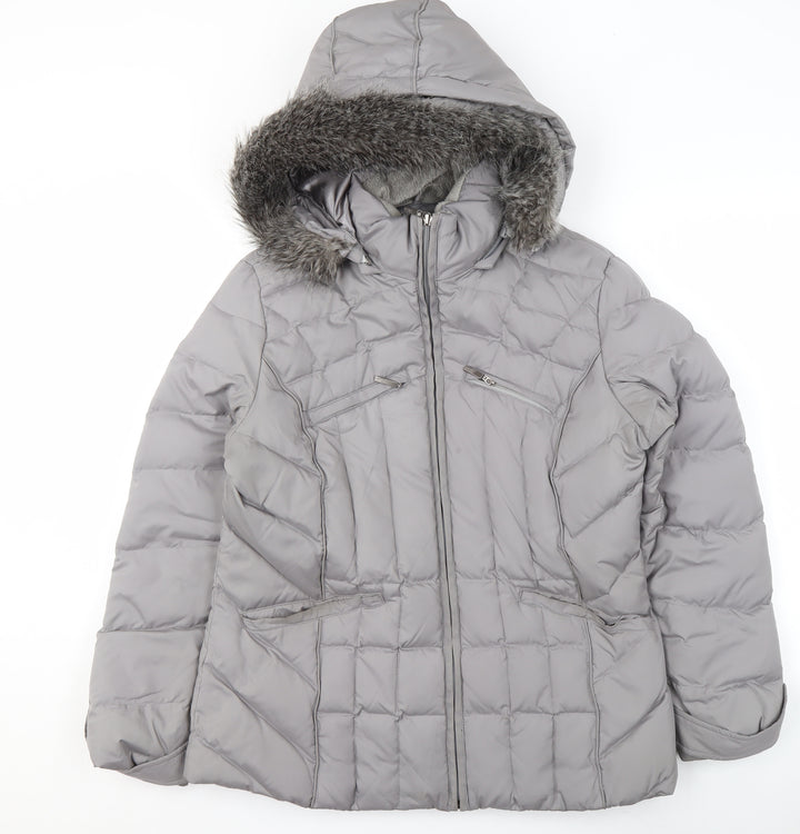 Marks and Spencer Per Una Women's Grey Hooded Puffer Jacket M Faux Fur Trim