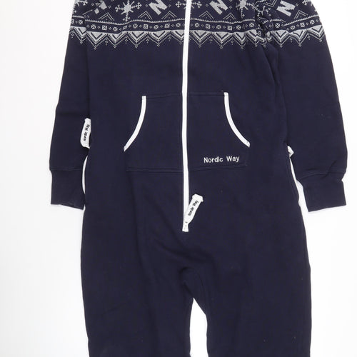 Nordic Way Men's Blue Hooded Fair Isle Fleece Onesie M