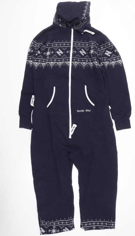 Nordic Way Men's Blue Hooded Fair Isle Fleece Onesie M
