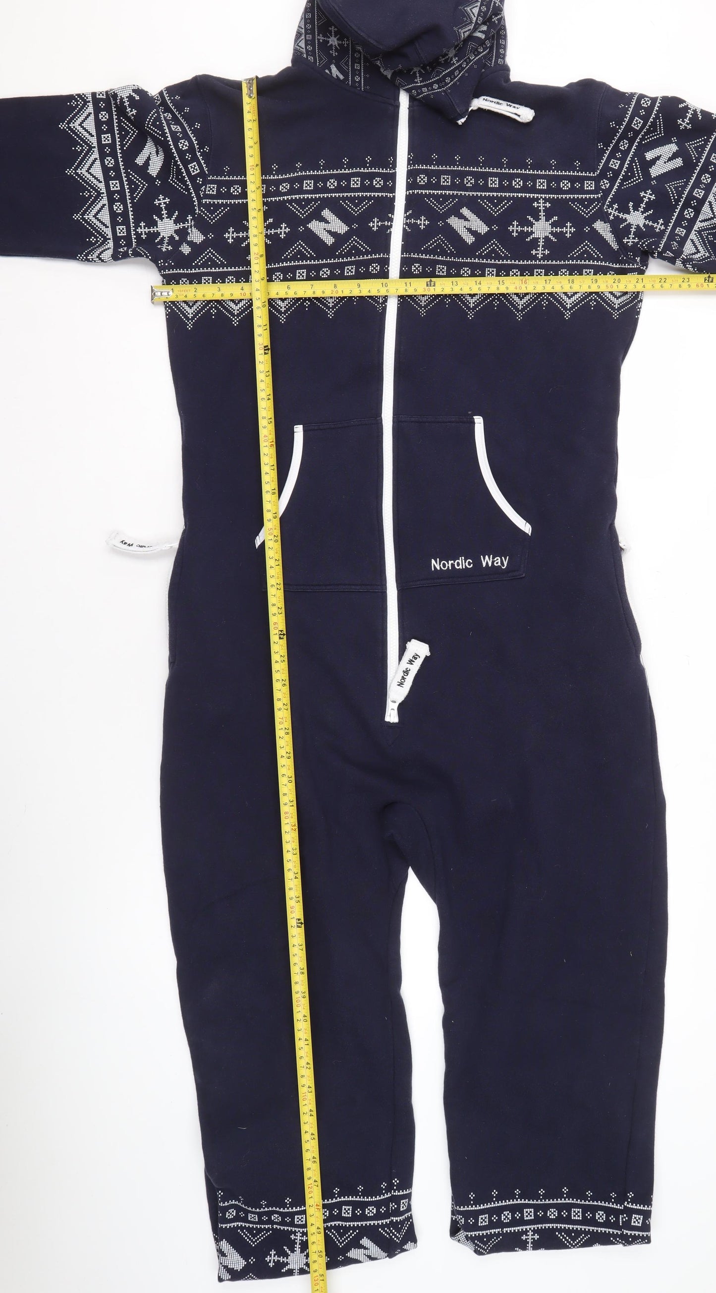 Nordic Way Men's Blue Hooded Fair Isle Fleece Onesie M