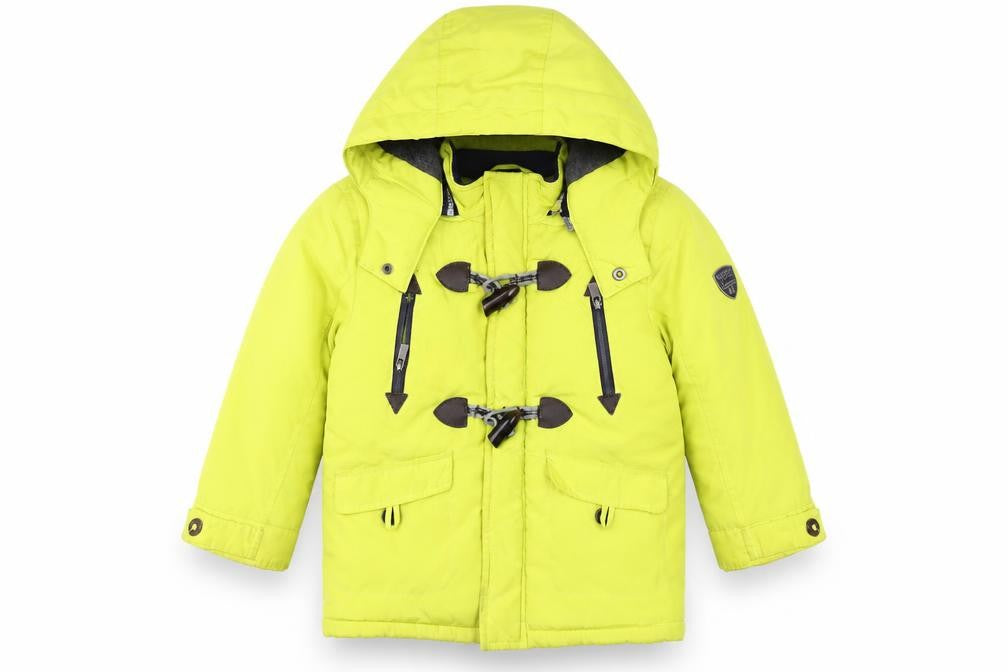 Front view of Mayoral boys’ yellow hooded duffle coat 2 years polyester winter jacket