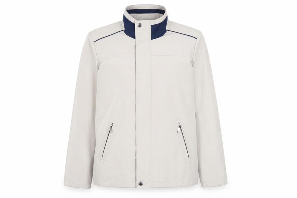 Front view of ADMÉ women’s beige lightweight mid-length zip jacket, size S