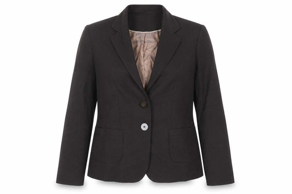 Front view of Next women’s black pinstripe blazer jacket, size UK 12, regular fit