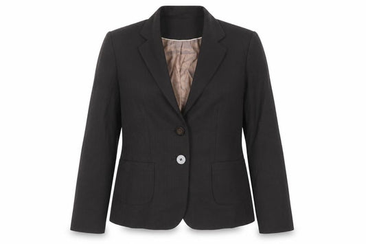 Front view of Next women’s black pinstripe blazer jacket, size UK 12, regular fit