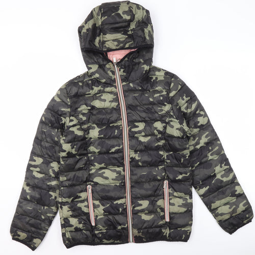 Next Girls Green Camouflage Hooded Puffer Jacket 15 Years Polyester Lined