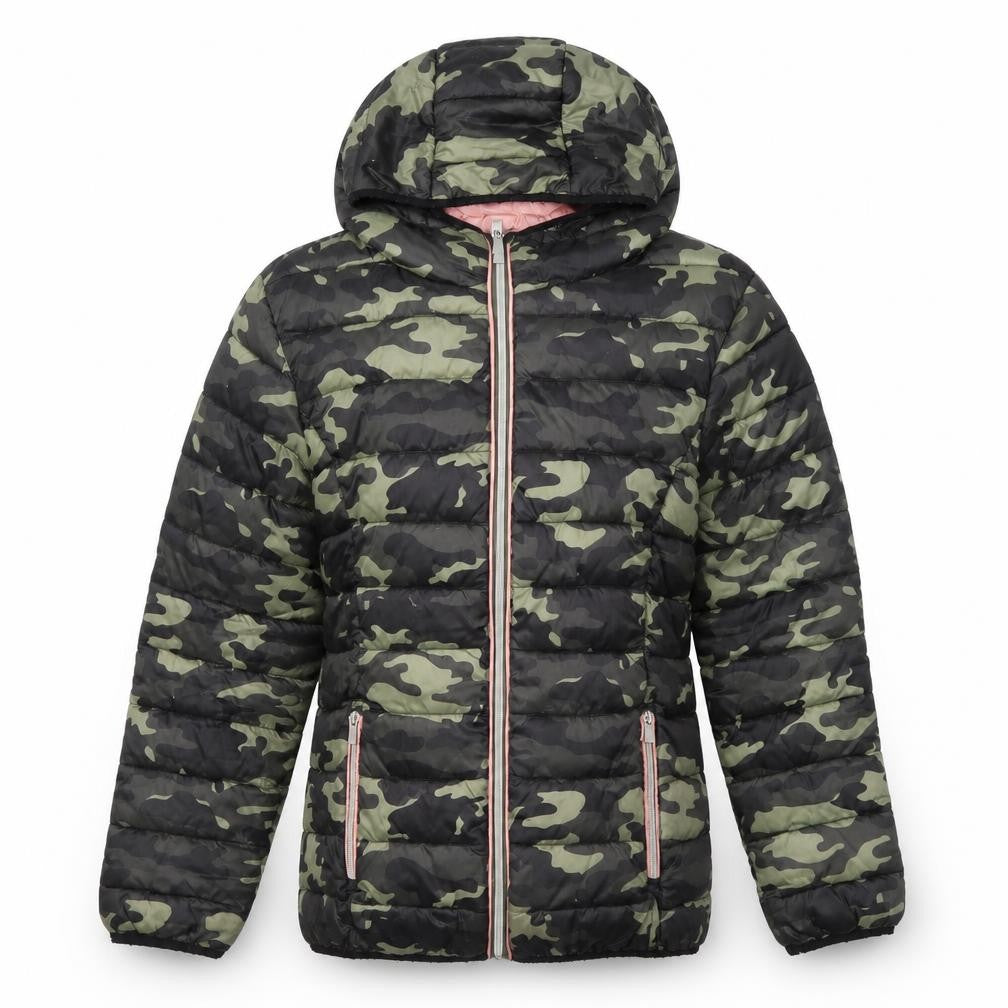 Front view of Next girls’ green camouflage hooded puffer jacket 15 years polyester lined