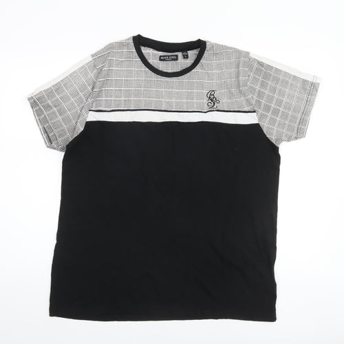 Brave Soul Men’s Black Check Panel Crew Neck Cotton T-Shirt Size L