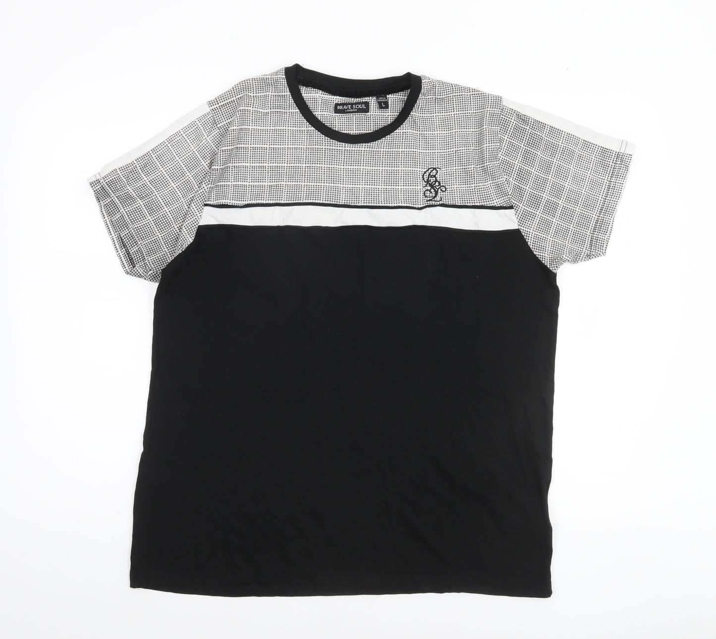 Brave Soul Men’s Black Check Panel Crew Neck Cotton T-Shirt Size L