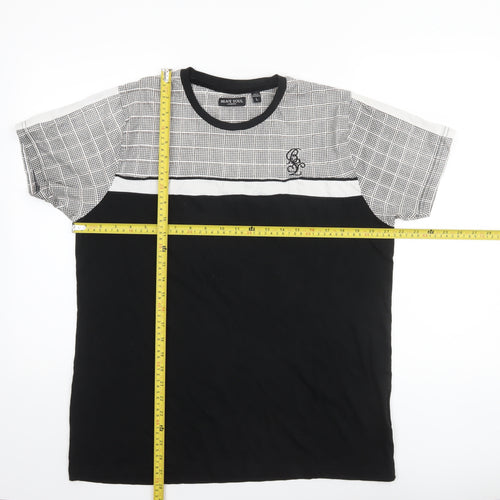 Brave Soul Men’s Black Check Panel Crew Neck Cotton T-Shirt Size L