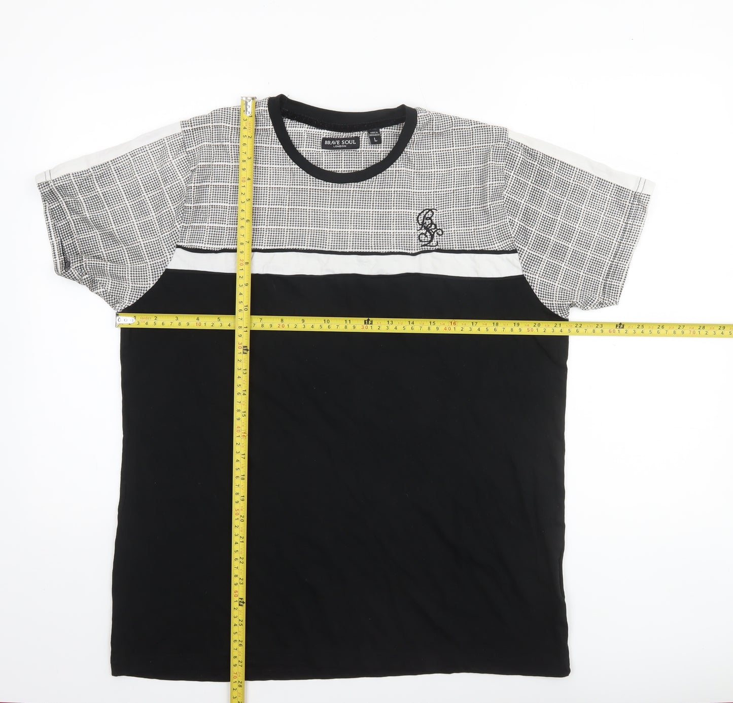 Brave Soul Men’s Black Check Panel Crew Neck Cotton T-Shirt Size L