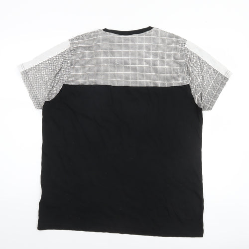 Brave Soul Men’s Black Check Panel Crew Neck Cotton T-Shirt Size L