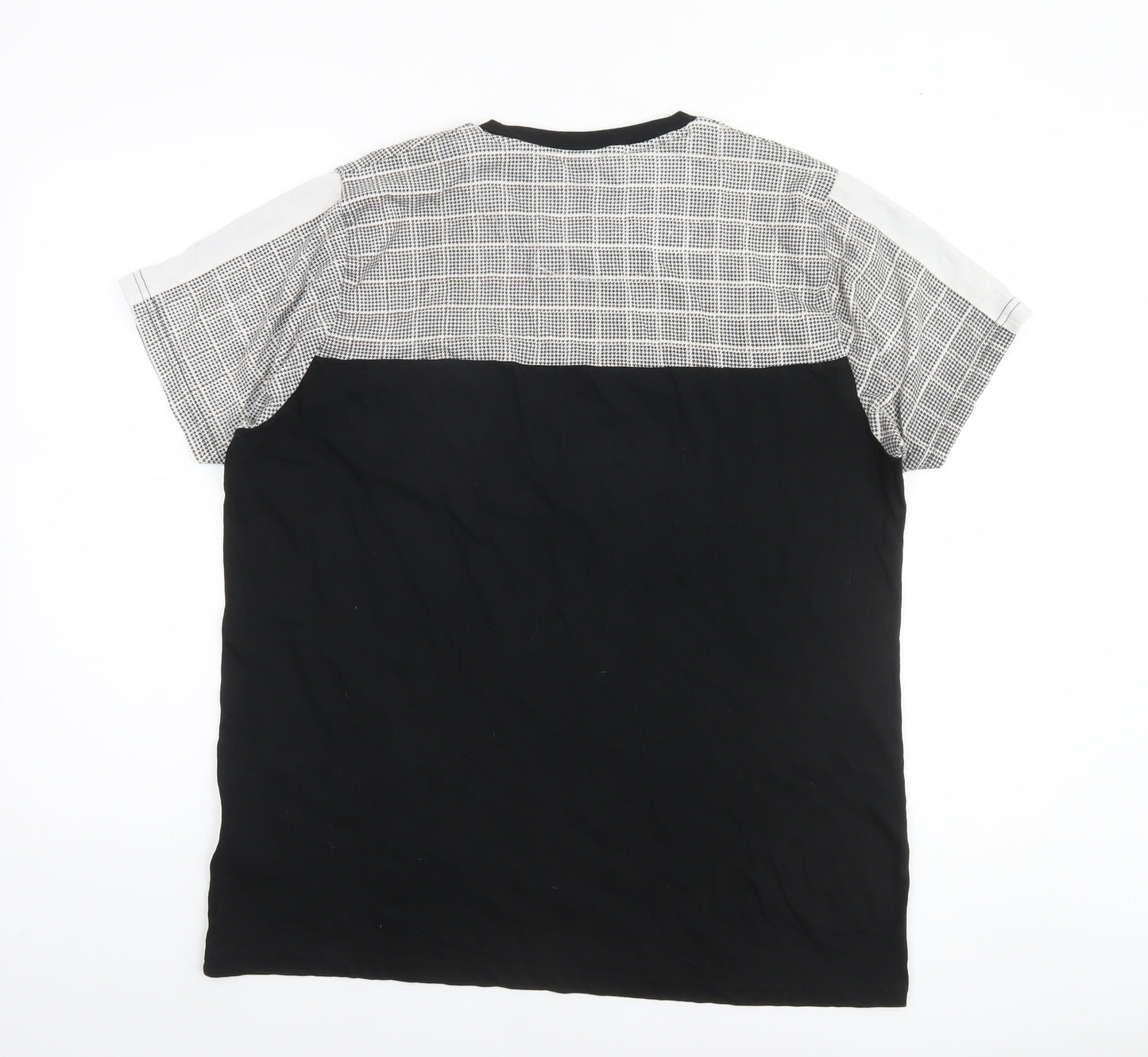 Brave Soul Men’s Black Check Panel Crew Neck Cotton T-Shirt Size L