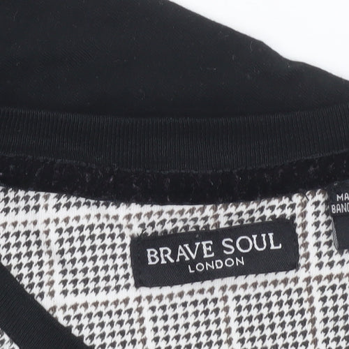 Brave Soul Men’s Black Check Panel Crew Neck Cotton T-Shirt Size L