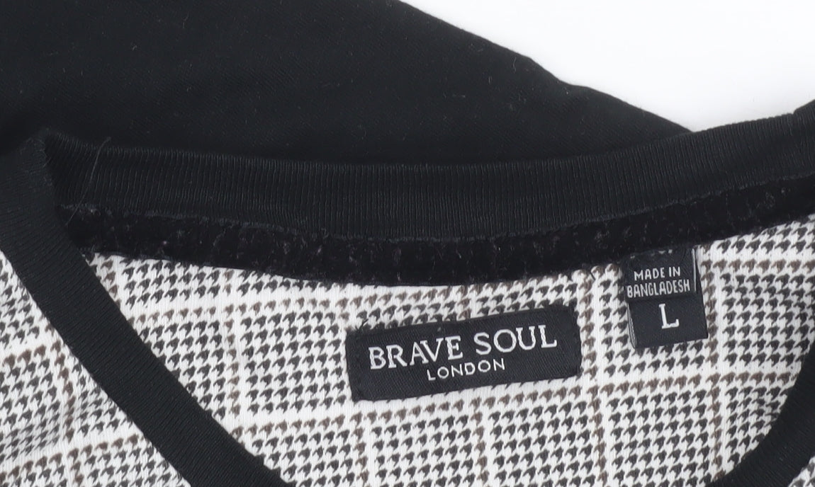 Brave Soul Men’s Black Check Panel Crew Neck Cotton T-Shirt Size L