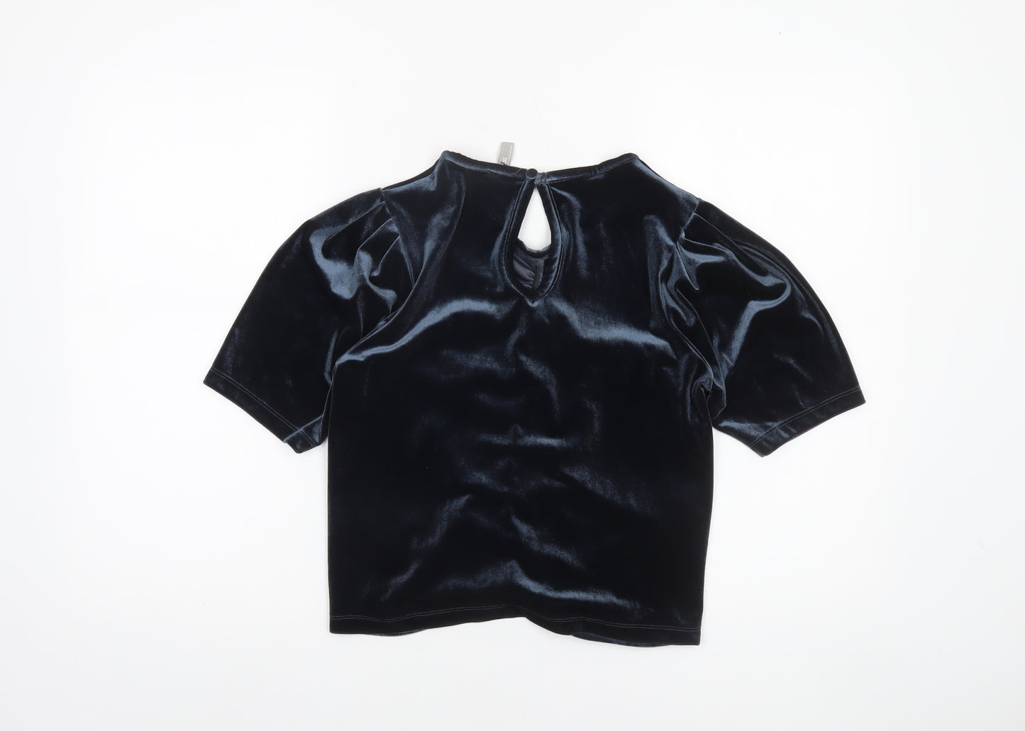 ASOS Womens Black Velvet Ruched Short Puff Sleeve Blouse UK 8