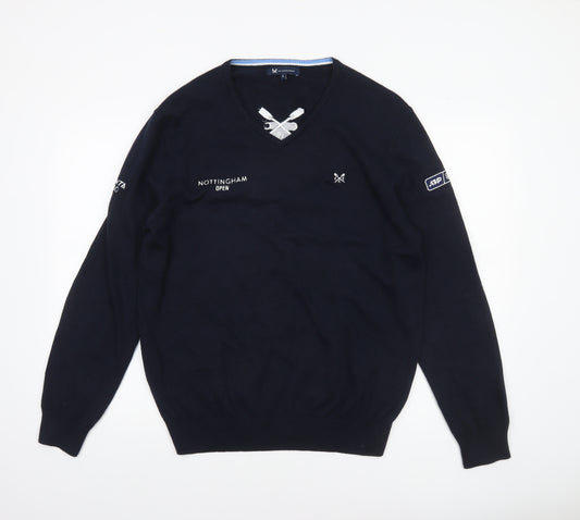 Crew Clothing Men’s Blue Cotton Cashmere V-Neck Jumper L