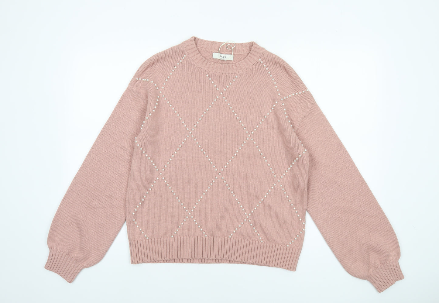Marks and Spencer Womens Pink Beaded Argyle Knit Jumper M