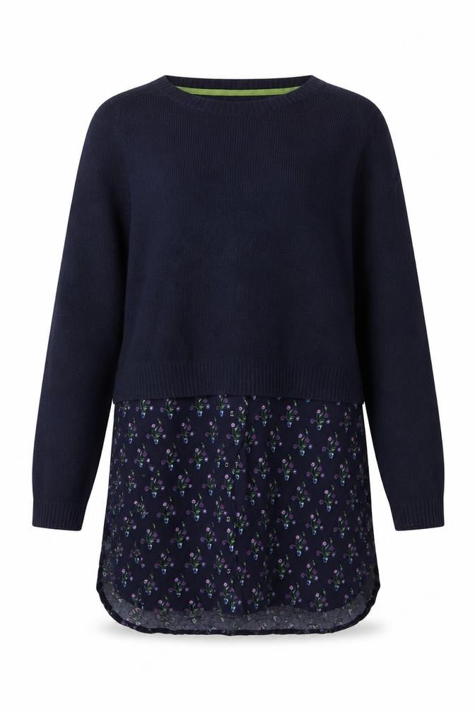 Front view of White Stuff Women's Blue Floral Layered jumper UK 12