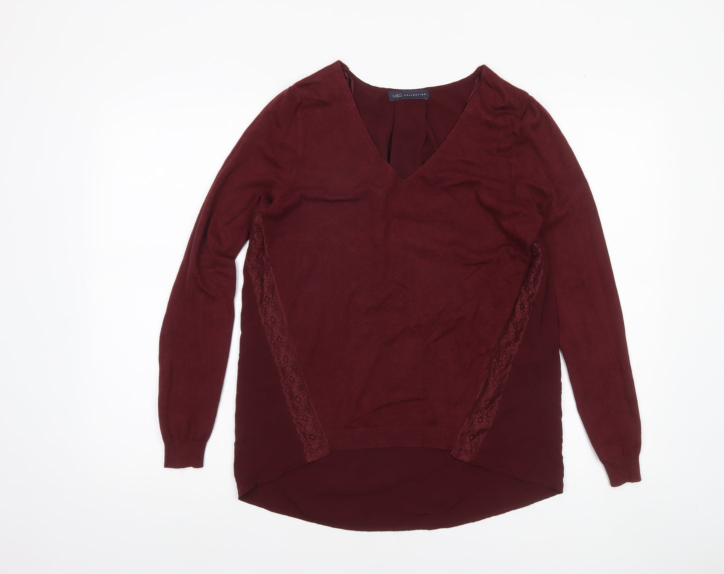 Marks and Spencer Women’s Red V-Neck Lace Panel Long Sleeve Jumper Size 10