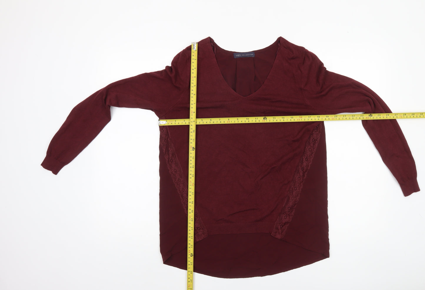 Marks and Spencer Women’s Red V-Neck Lace Panel Long Sleeve Jumper Size 10