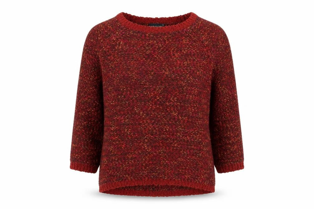 Front view of David Emanuel women’s red chunky knit 3/4 sleeve jumper, size M
