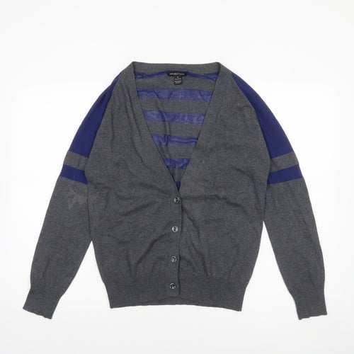 Selection Women Grey Cotton V-Neck Striped Cardigan Size M