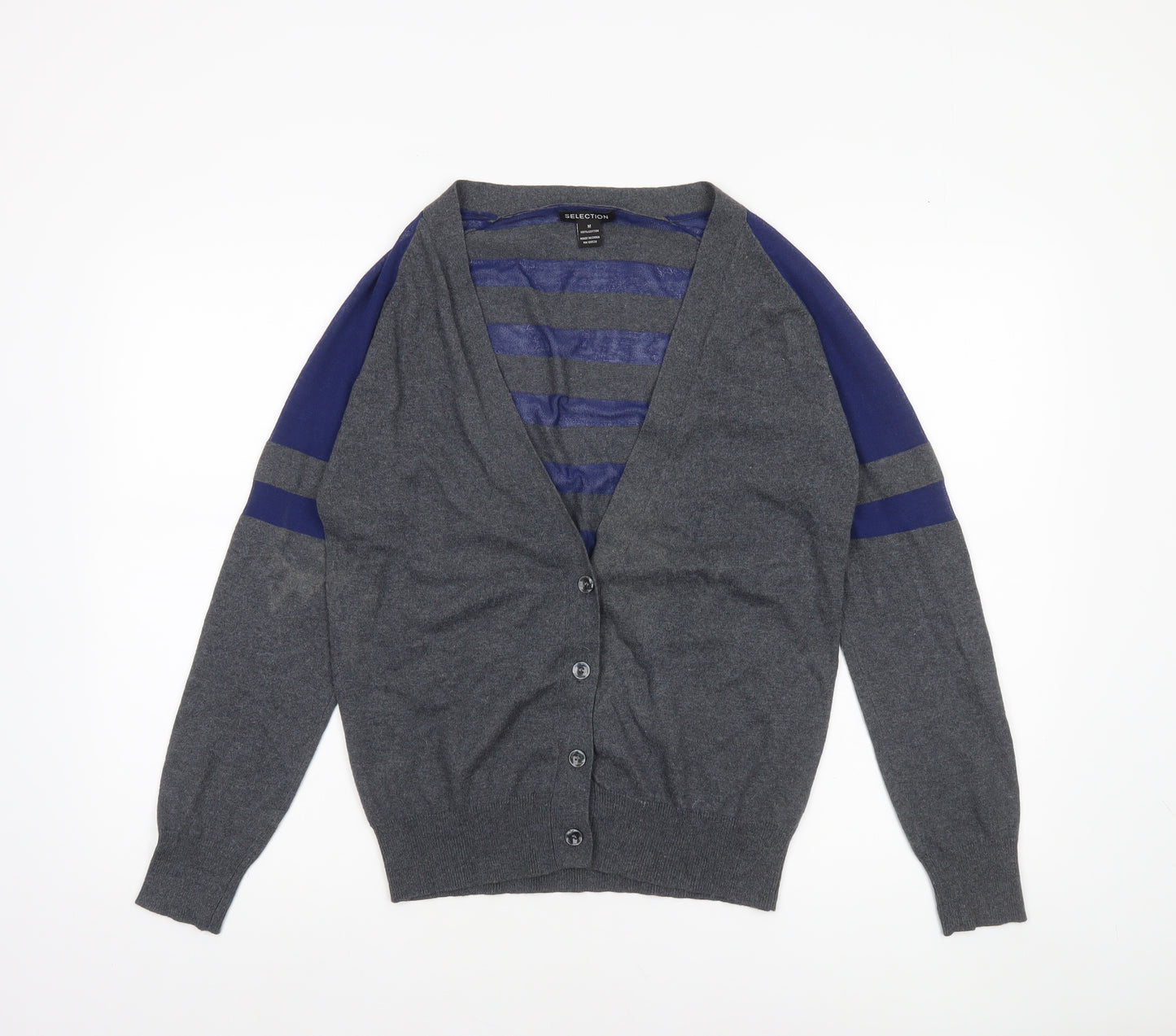 Selection Women Grey Cotton V-Neck Striped Cardigan Size M