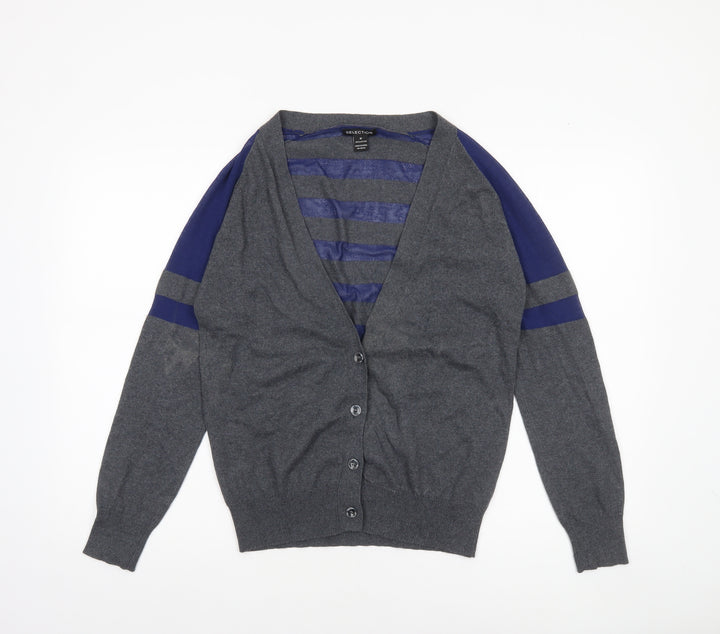 Selection Women Grey Cotton V-Neck Striped Cardigan Size M
