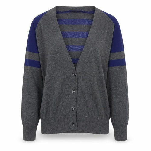 Selection Women Grey Cotton V-Neck Striped Cardigan Size M