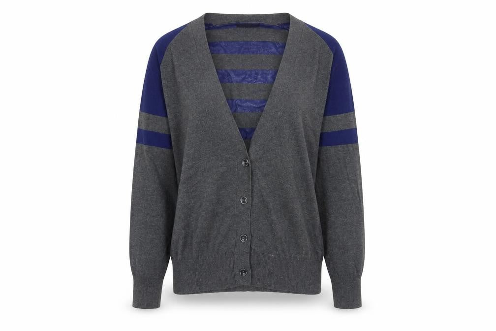 Selection Women Grey Cotton V-Neck Striped Cardigan Size M