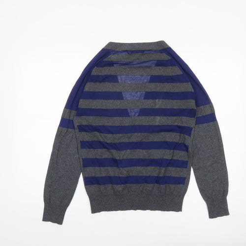 Selection Women Grey Cotton V-Neck Striped Cardigan Size M