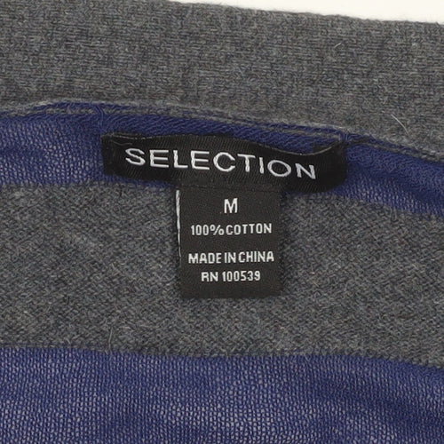 Selection Women Grey Cotton V-Neck Striped Cardigan Size M