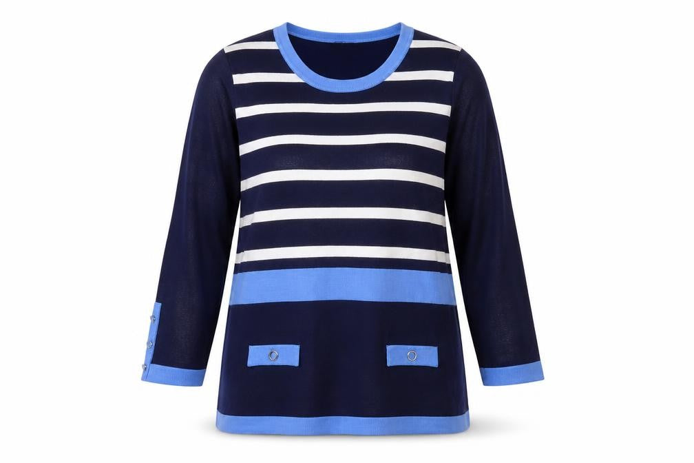 Front view of Marble Women's Blue Striped 3/4 Sleeve jumper, size 10