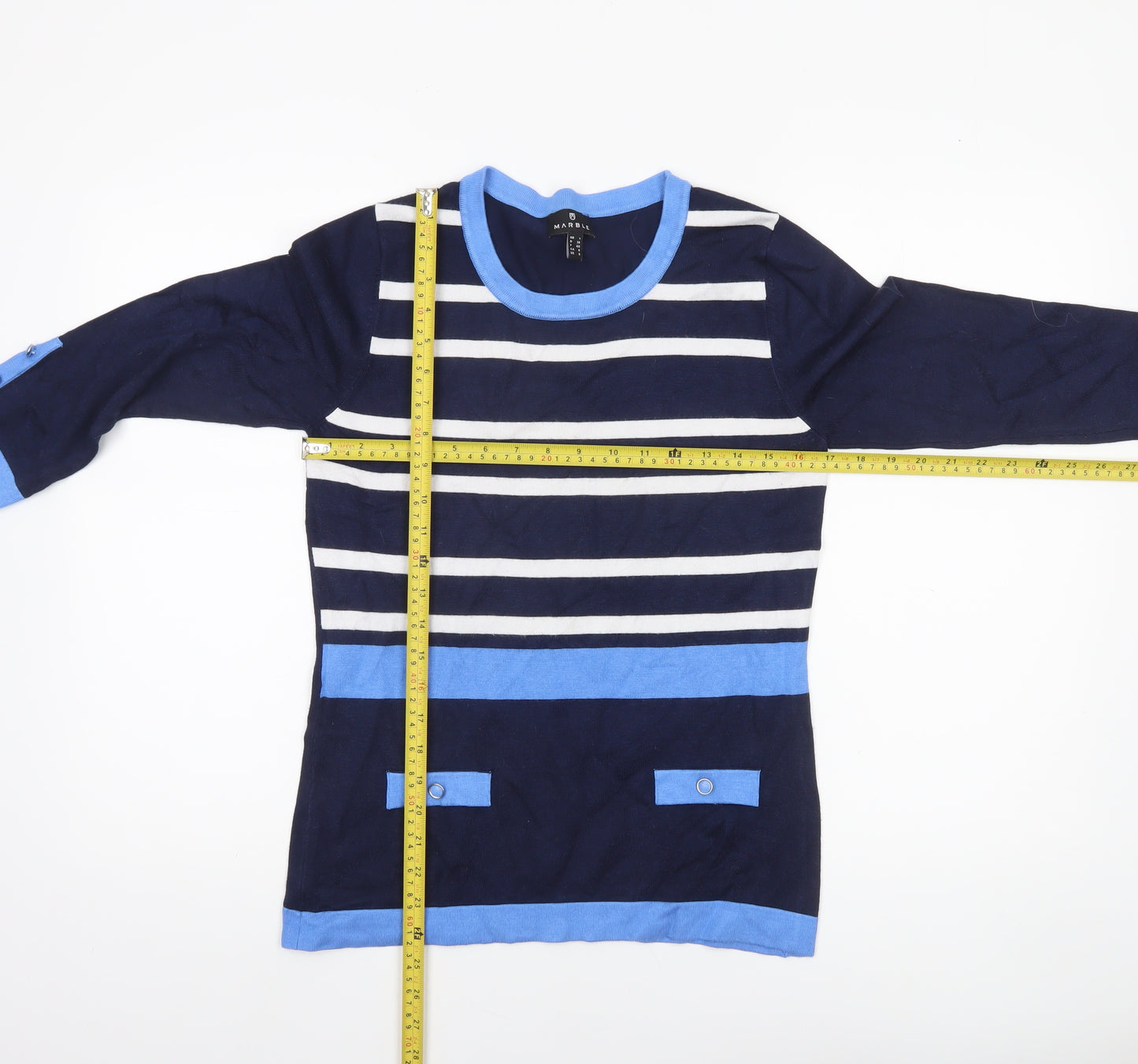 Marble Women's Blue Striped 3/4 Sleeve Pullover Jumper Size 10
