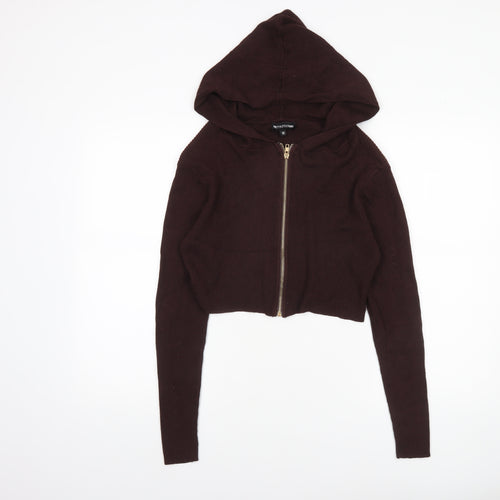 PrettyLittleThing Women's Brown Hooded Full Zip Knit Jumper Size M