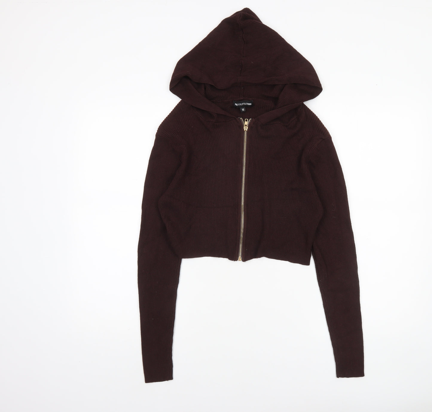 PrettyLittleThing Women's Brown Hooded Full Zip Knit Jumper Size M