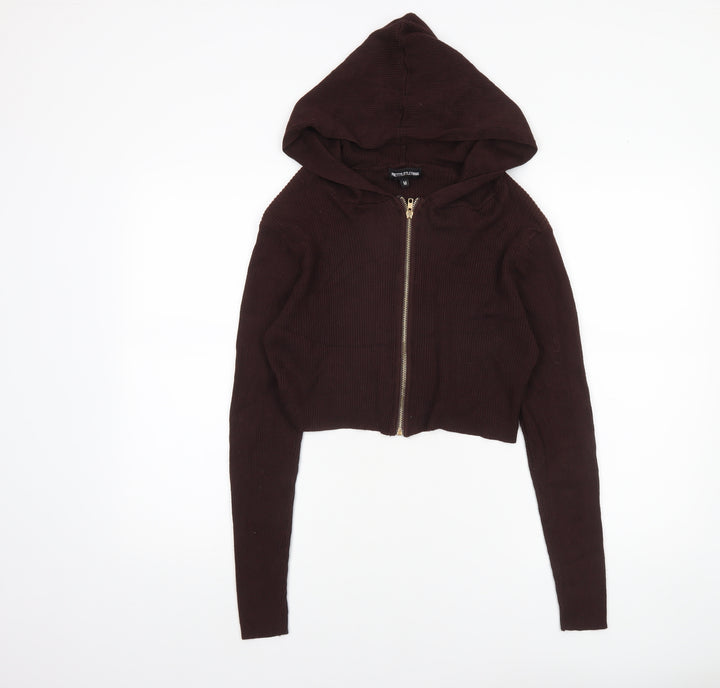 PrettyLittleThing Women's Brown Hooded Full Zip Knit Jumper Size M