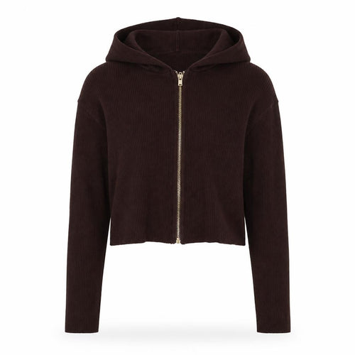 PrettyLittleThing Women's Brown Hooded Full Zip Knit Jumper Size M