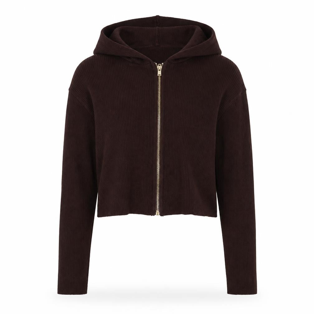 PrettyLittleThing Women's Brown Hooded Full Zip Knit Jumper Size M