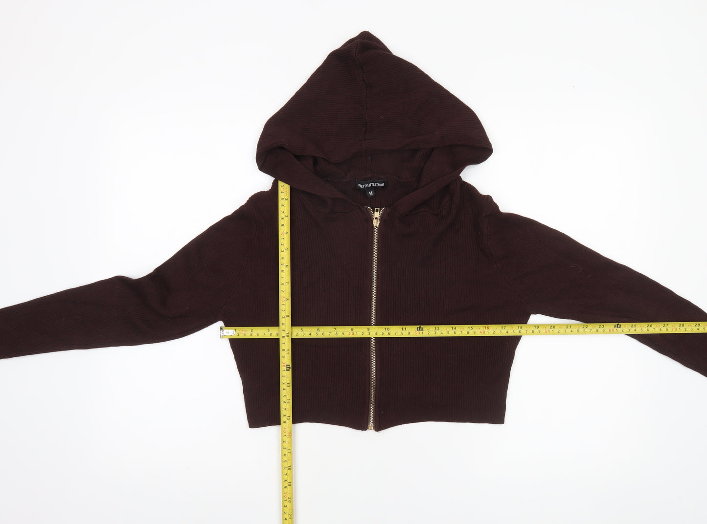 PrettyLittleThing Women's Brown Hooded Full Zip Knit Jumper Size M