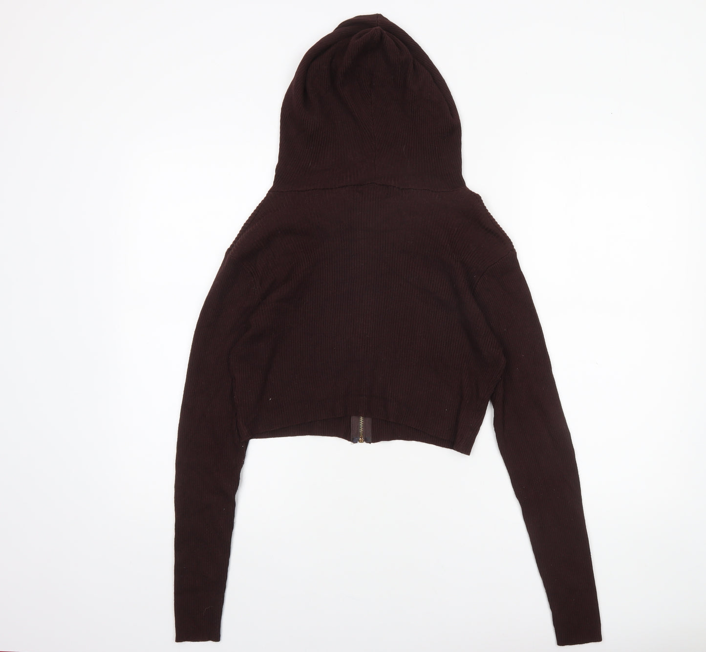 PrettyLittleThing Women's Brown Hooded Full Zip Knit Jumper Size M