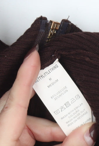 PrettyLittleThing Women's Brown Hooded Full Zip Knit Jumper Size M