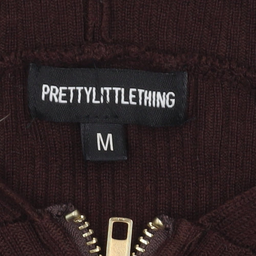 PrettyLittleThing Women's Brown Hooded Full Zip Knit Jumper Size M