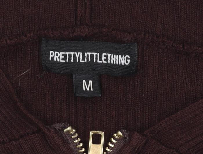 PrettyLittleThing Women's Brown Hooded Full Zip Knit Jumper Size M