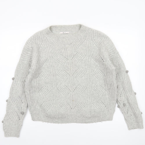 Tu Women Grey Cable-Knit Wool Blend Crew Neck Jumper Size 14