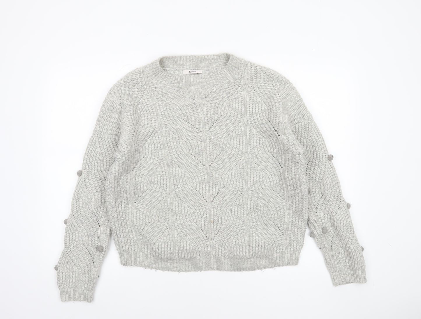 Tu Women Grey Cable-Knit Wool Blend Crew Neck Jumper Size 14