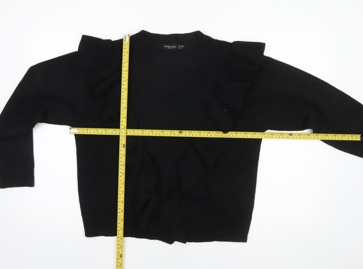 Brave Soul Womens Black Ruffle Knit Jumper Medium Long Sleeve Acrylic