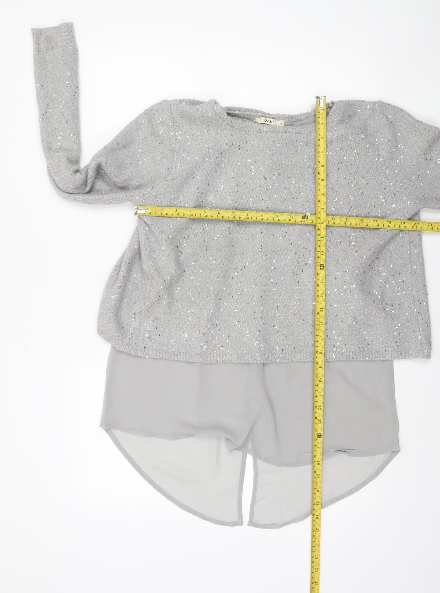 Oasis Women Grey Sequin Layered Pullover Jumper Size M