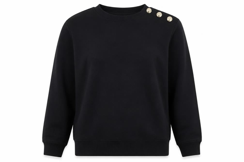 Front view of H&M MAMA Women's Black Button Shoulder Pullover Sweatshirt, size 12