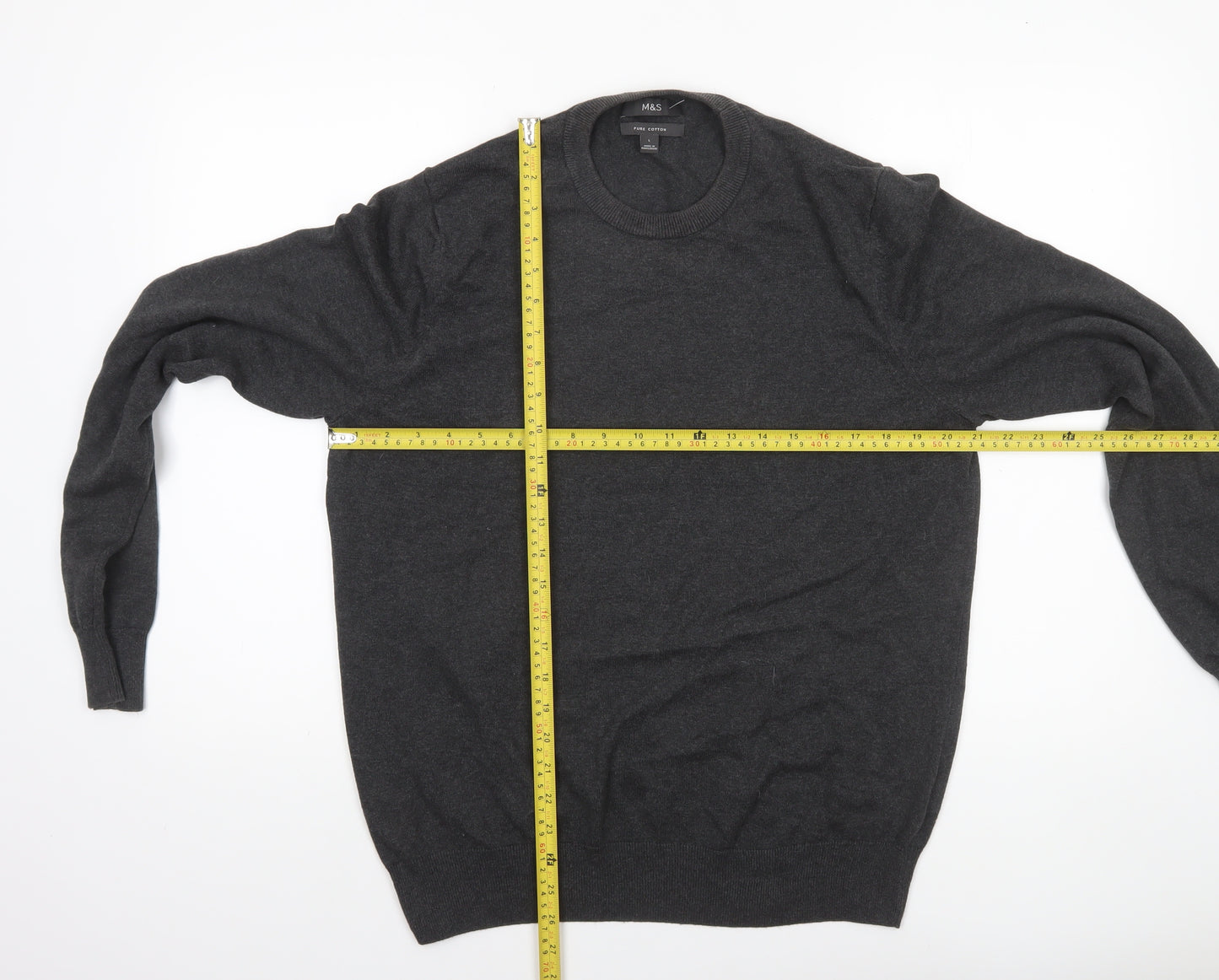 Marks and Spencer Men's Grey Cotton Crew Neck Jumper L Classic Fit